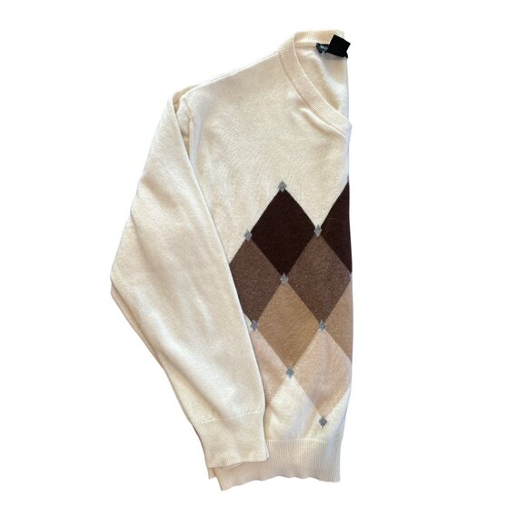 Men’s 100% Cashmere Cream Brown Argyle V-Neck Grandpacore Sweater - Picture 5 of 9